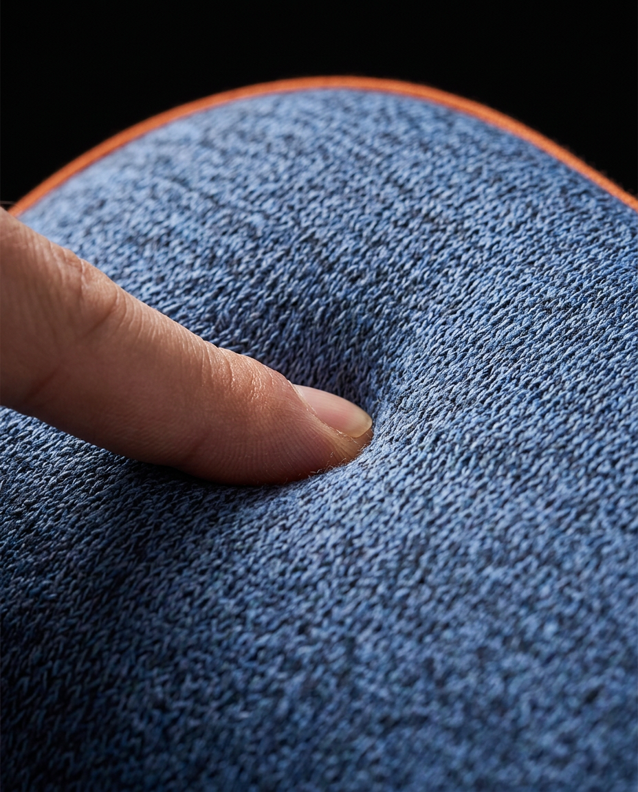 Macro of a finger pressing into the memory foam showing slow rebound