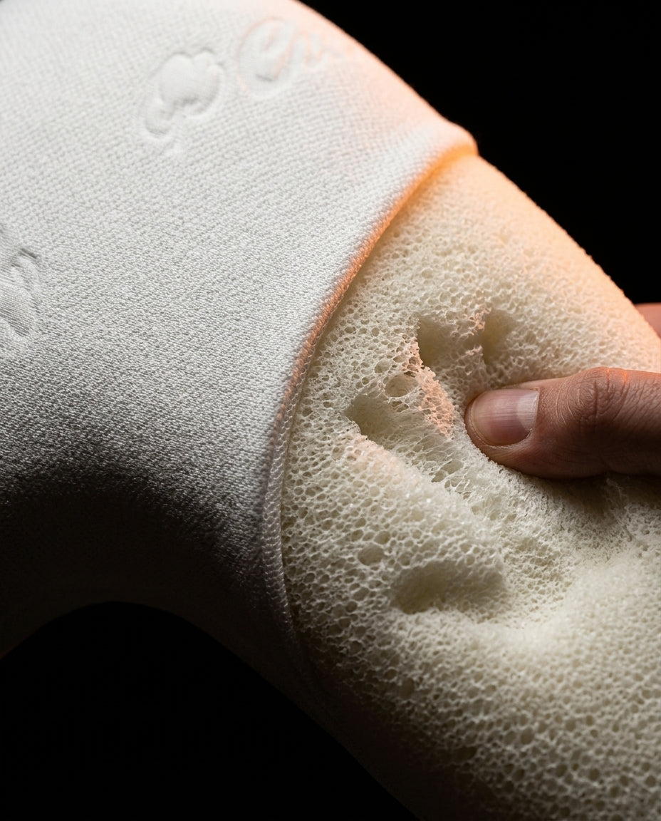 Finger pressing into the open-cell memory foam interior texture