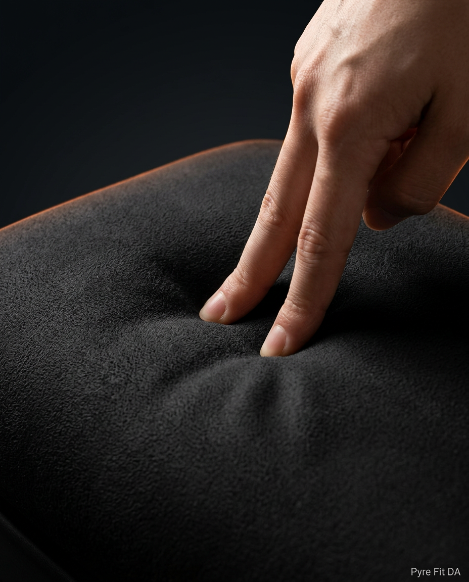 Finger pressing into the soft memory foam of the black foot cushion, macro