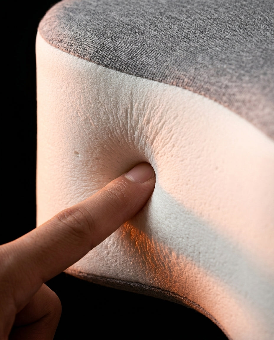 Finger pressing into the knee pillow to show memory foam density