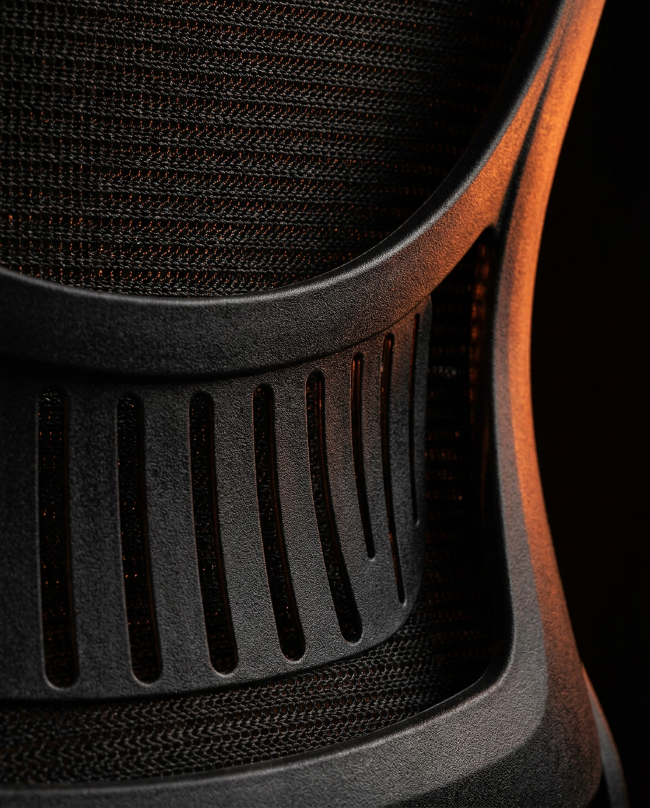 Macro of the breathable black mesh backrest weave on the office chair