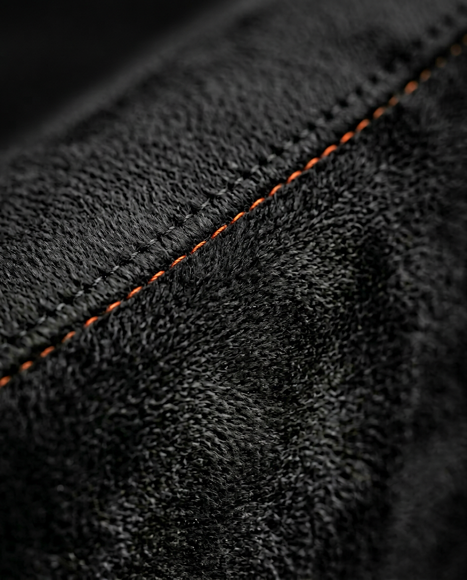 Macro of the soft black microfiber weave with orange stitching on the cushion