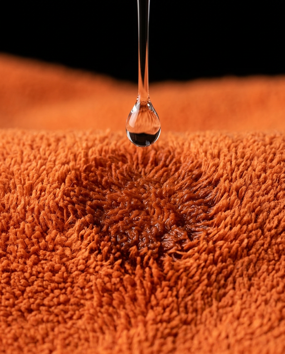 Water droplet absorbing into the orange microfiber yoga towel weave