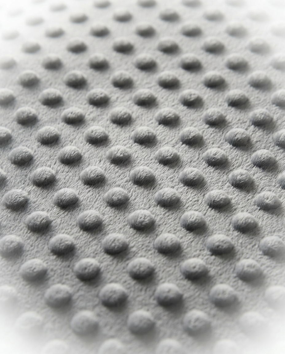 Macro of the soft grey minky raised-dot fabric on the weighted cushion