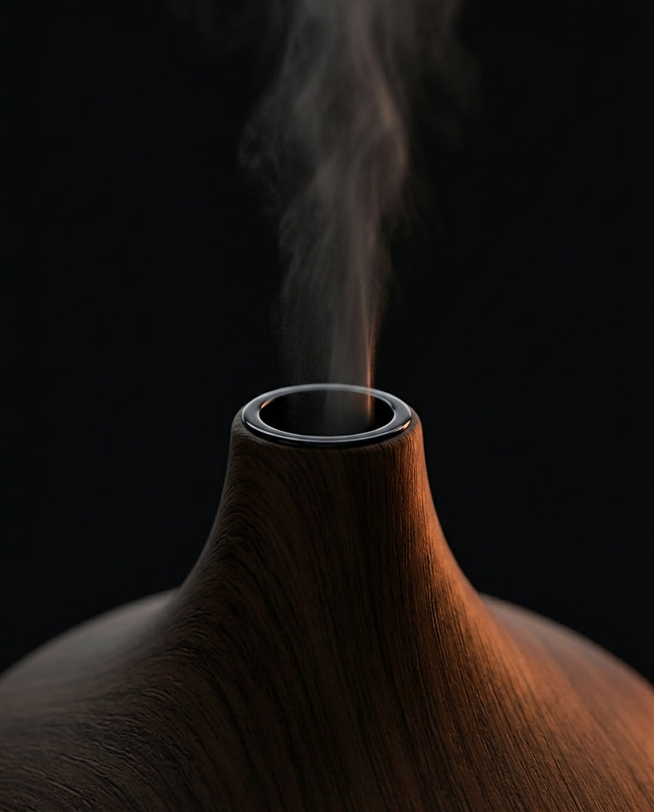 Macro of mist rising from the top aperture of the wood-grain diffuser