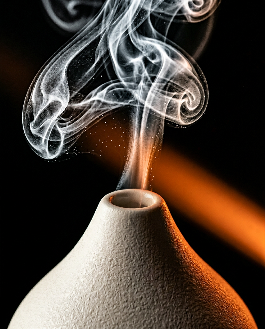 Macro of the mist plume rising from the ceramic essential oil diffuser nozzle