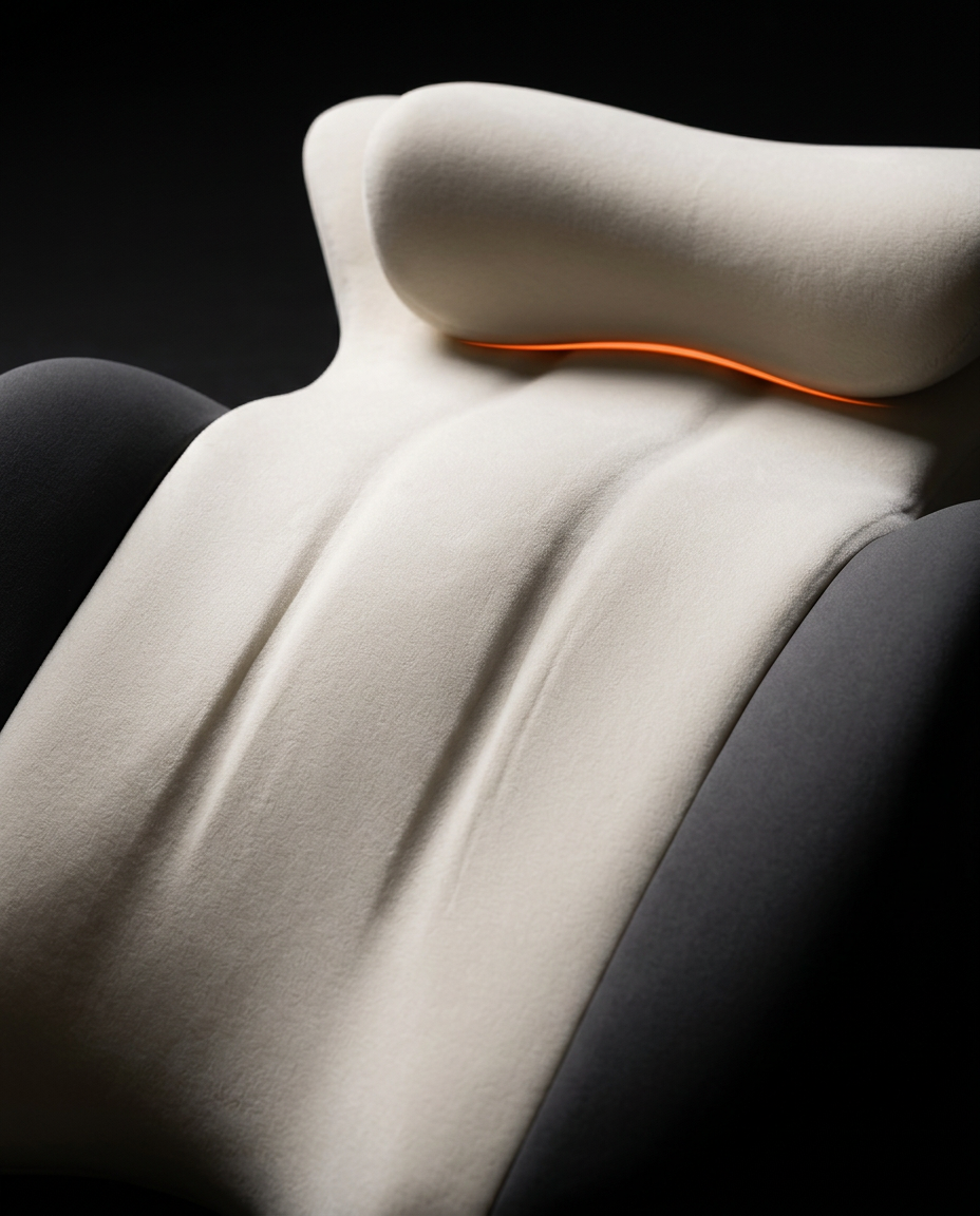 Macro of the sculpted neck contour channel on the cream memory foam pillow