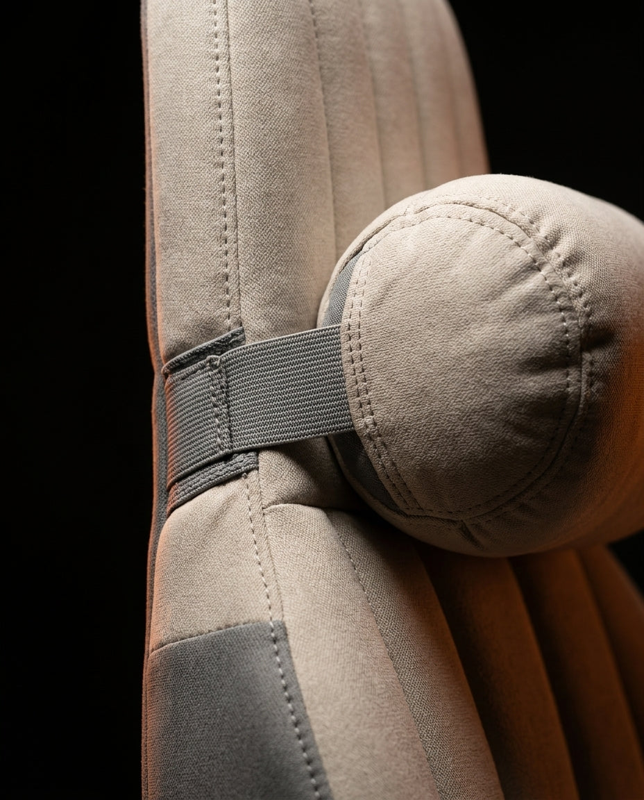 Macro of detachable neck pillow with adjustable strap on bed support