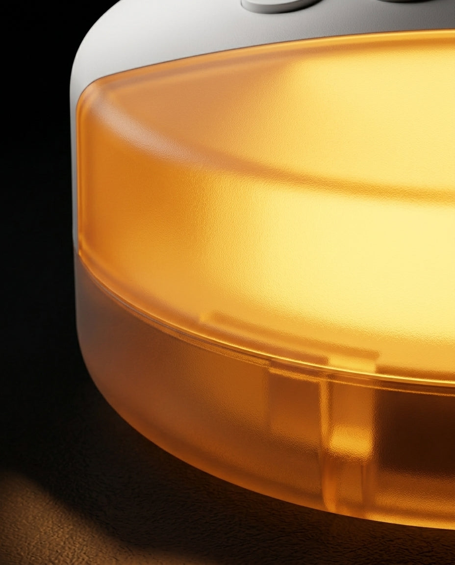 Macro of the warm amber nightlight glow on the sleep machine base