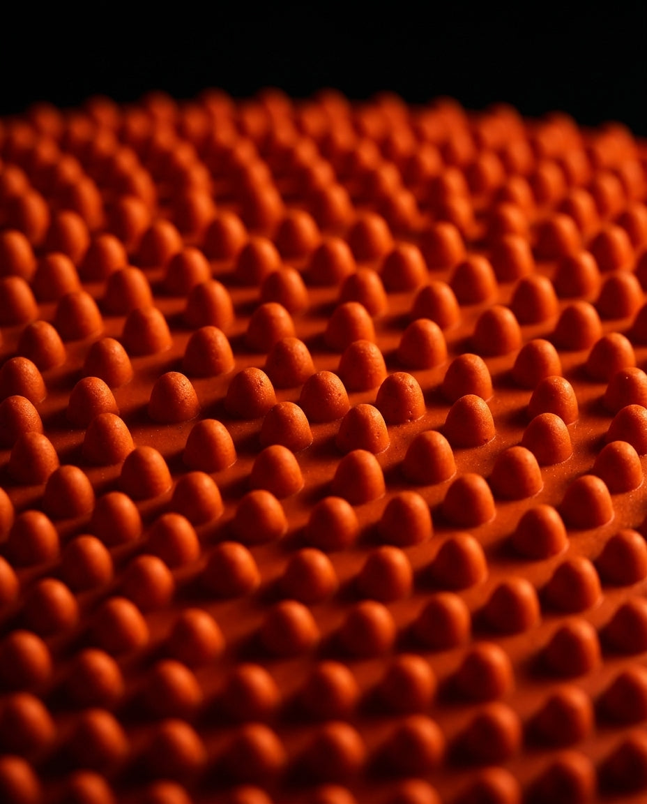 Macro of the raised massage nubs covering the orange balance cushion surface