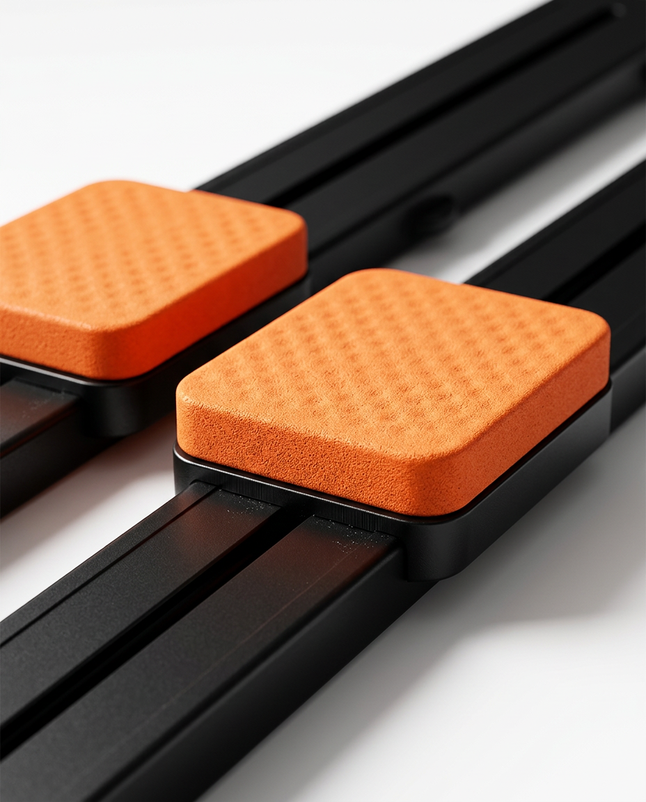 Macro of the orange textured kneepads sliding on the black pilates rails