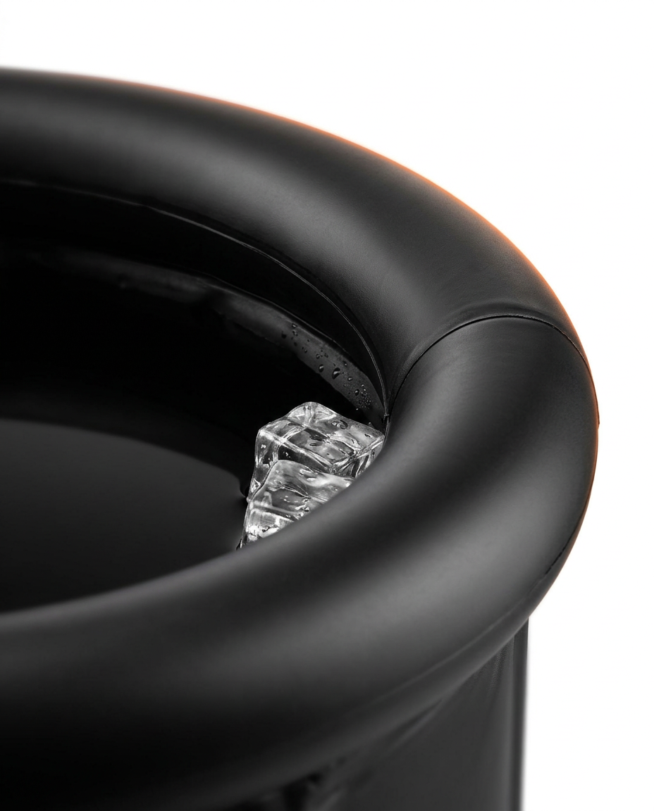 Macro of the padded reinforced rim of the black ice bath tub
