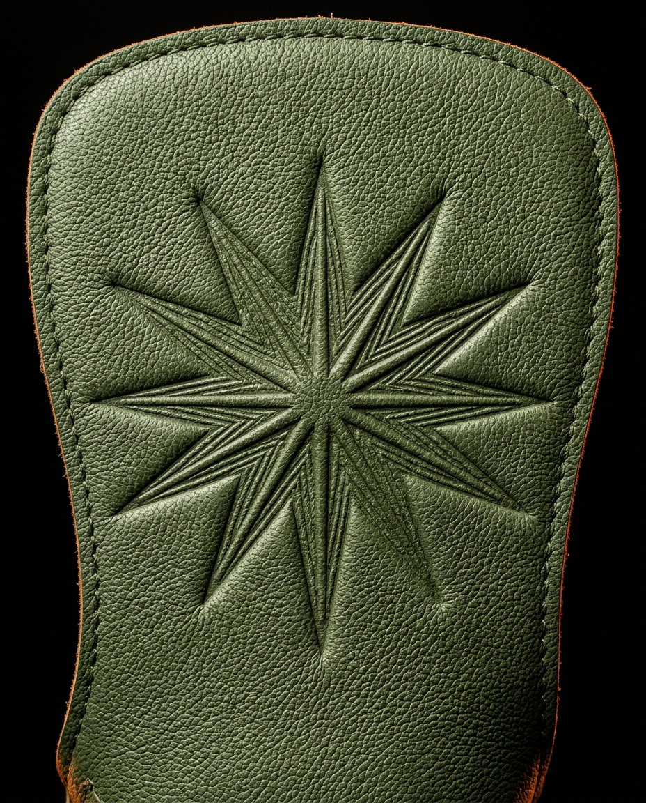 Macro of the embossed starburst grip pattern on green leather palm pad