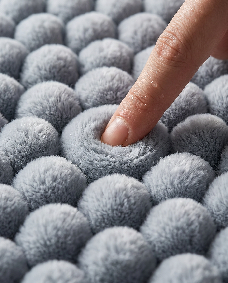 Finger pressing into the plush pebble loops of the bath mat, macro