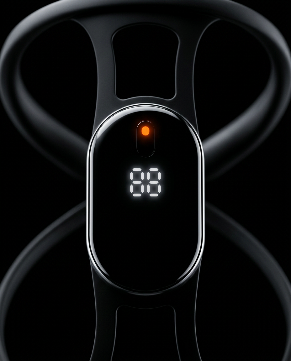 Macro of the posture corrector LED display and orange indicator light