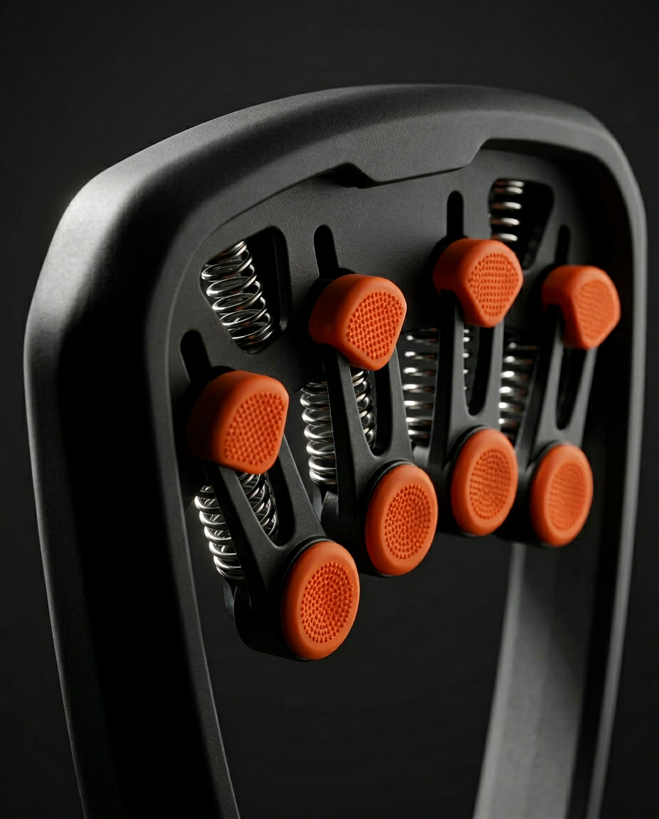 Macro of the orange spring-loaded finger pistons and steel coils