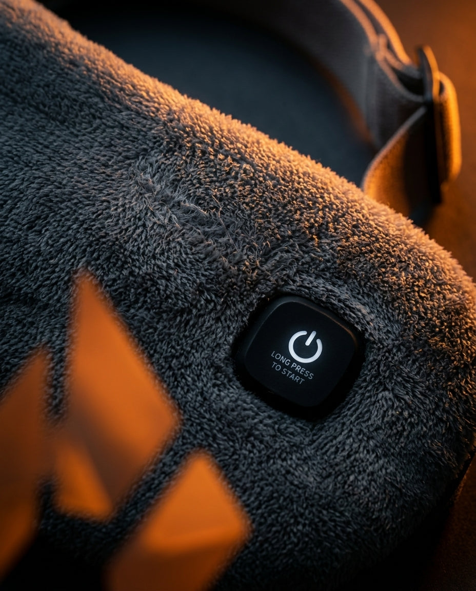 Macro of the eye mask's plush velvet surface and lit power button