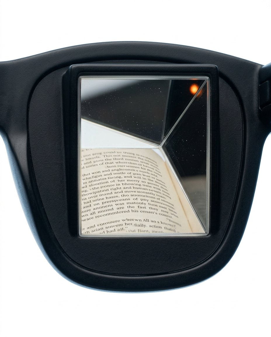 Macro of the angled prism lens reflecting an open book's text