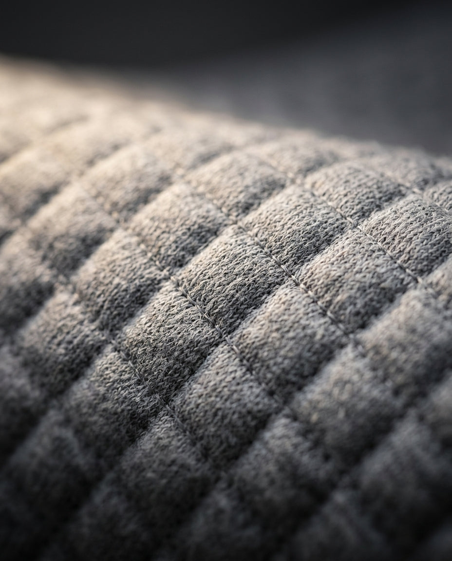 Macro of the gray quilted diamond-stitch cover fabric