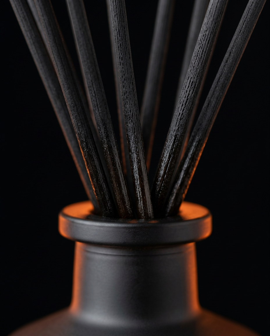Macro of the black fiber reeds rising from the diffuser bottle neck