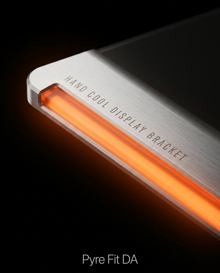 Macro of the aluminum monitor stand edge with glowing orange RGB light bar
