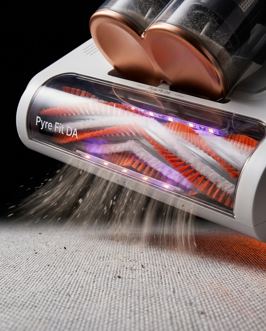 Macro of the dual-bristle roller brush with UV light pulling debris from fabric