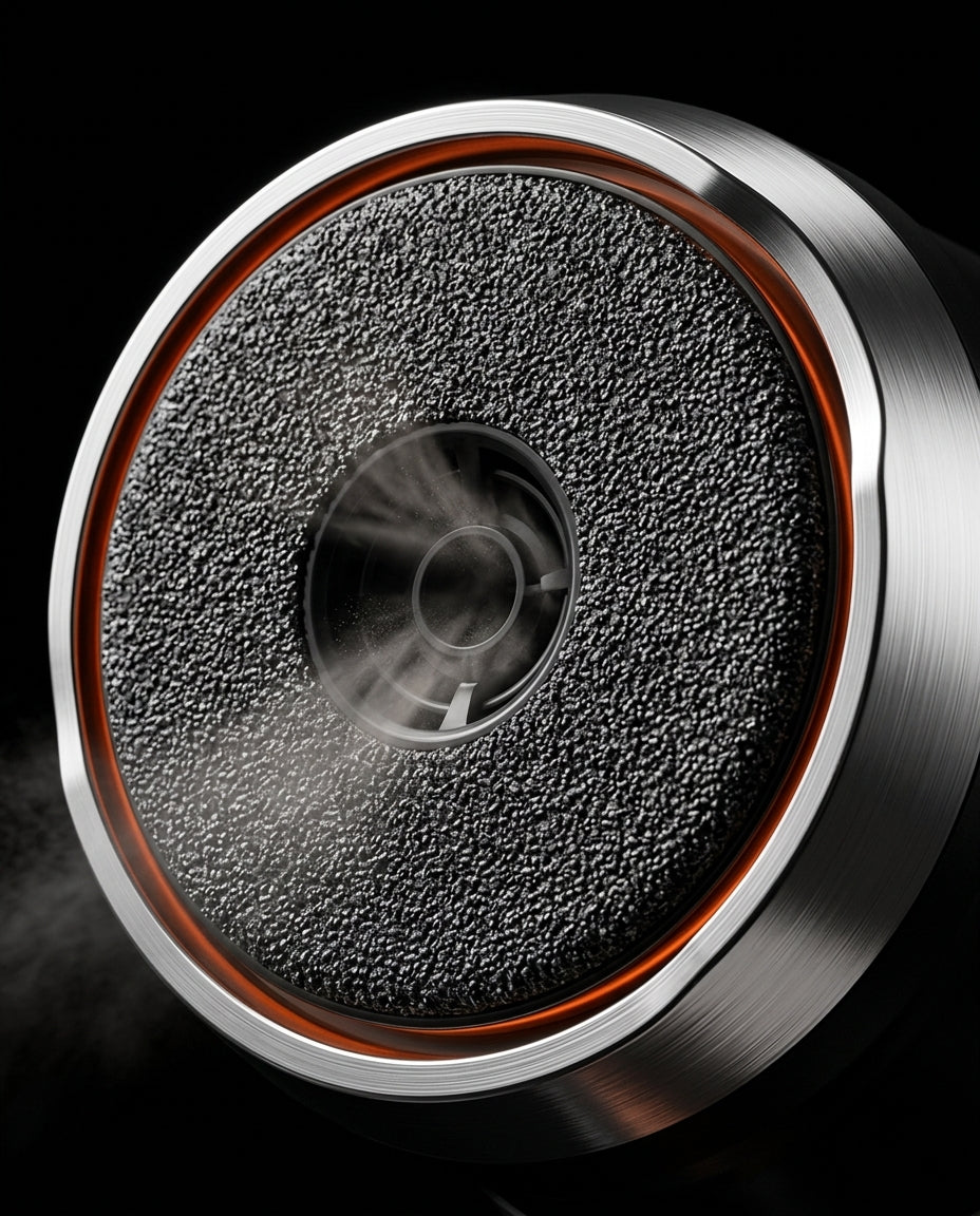 Macro of the foot file's textured coarse roller head and chrome ring