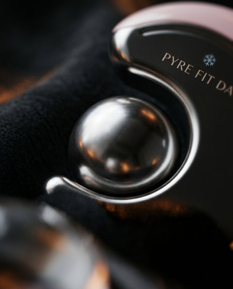 Macro of the polished stainless steel rolling sphere set in the facial device housing