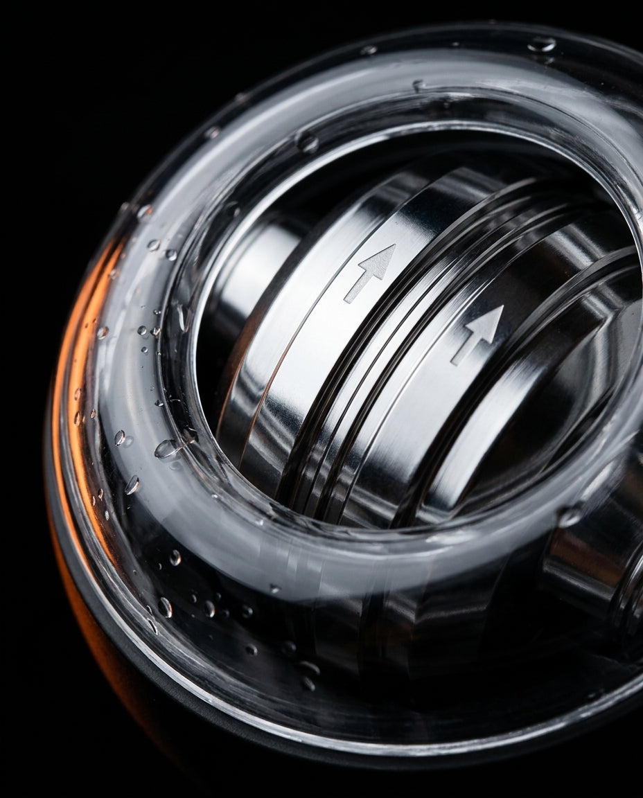 Macro of the chrome spinning rotor and clear dome of the gyro ball trainer