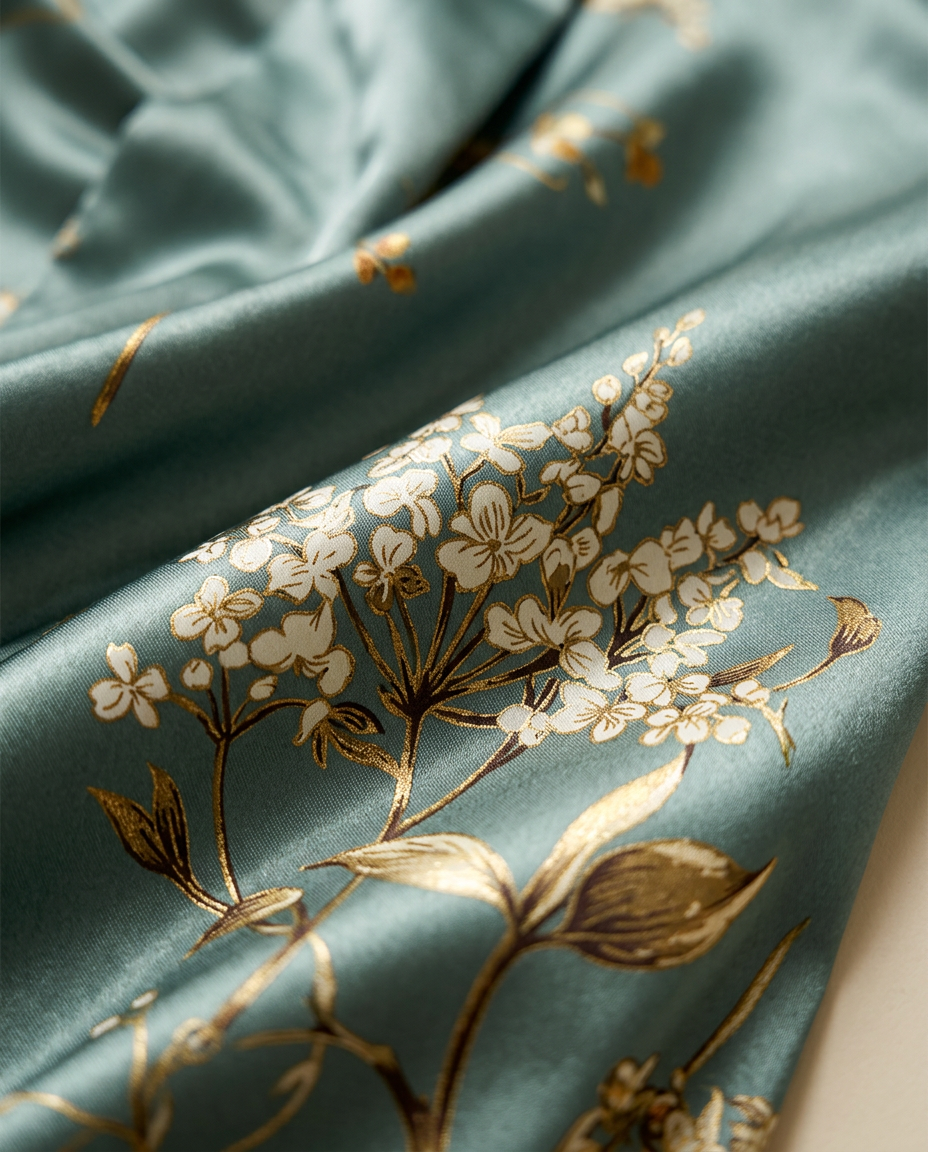 Macro of the sage-green satin with delicate gold and white floral print