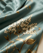 Macro of the sage-green satin with delicate gold and white floral print