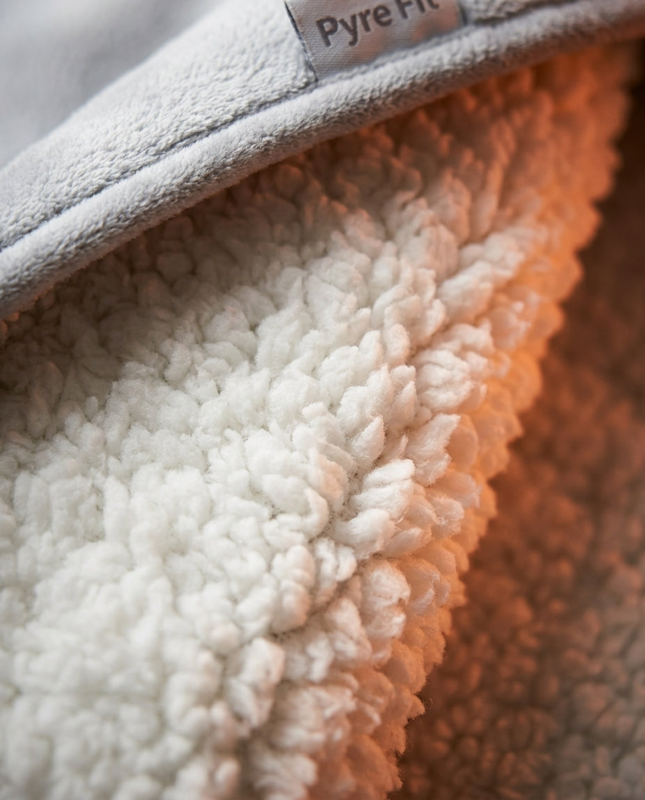 Macro of the soft sherpa lining inside the foot heating pad with warm glow