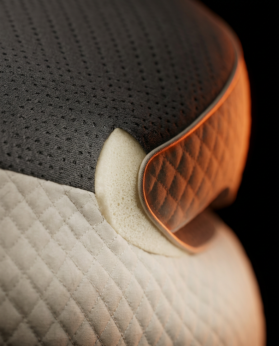 Macro of the shoulder cutout notch on the cream and grey side sleeper pillow