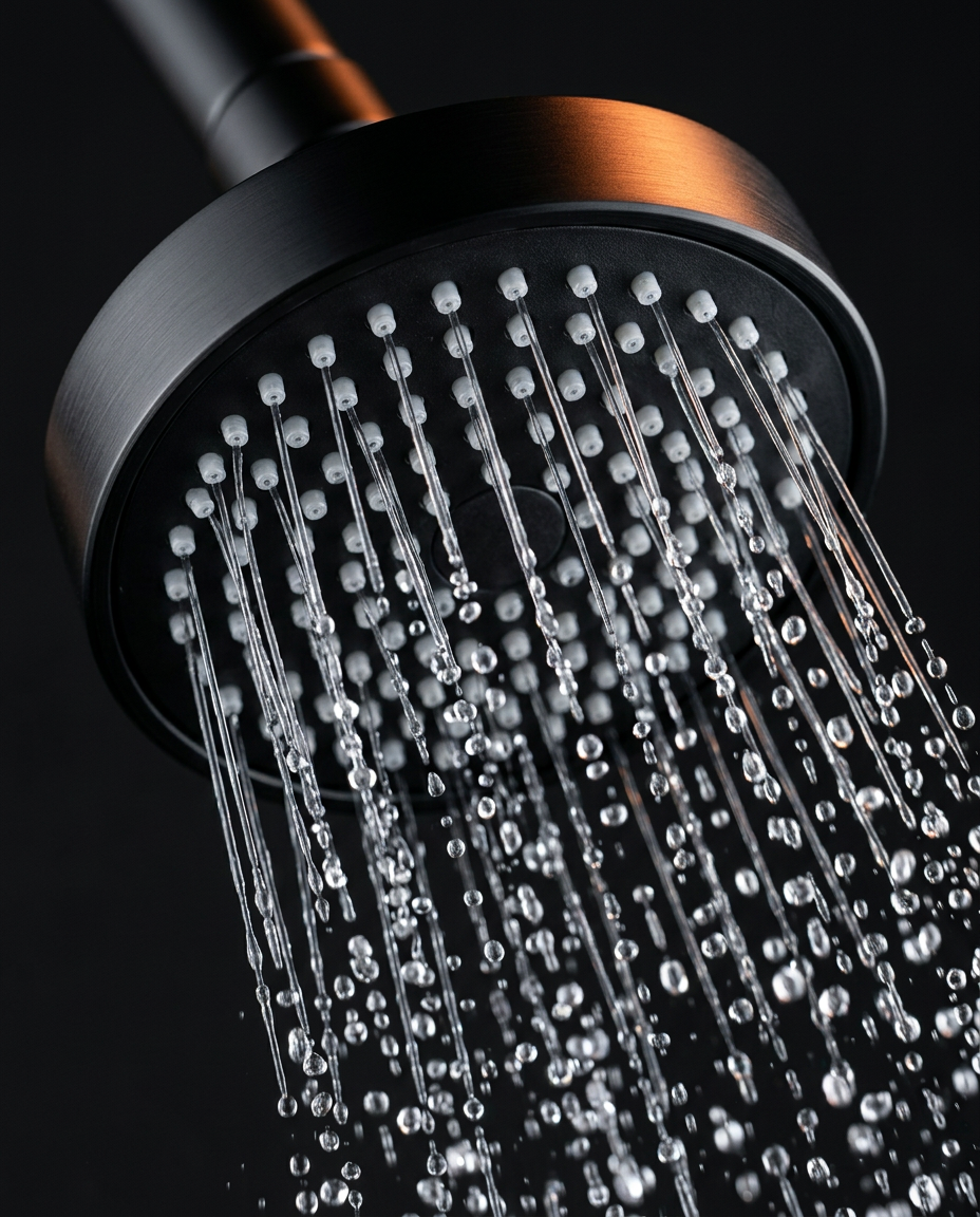 Macro of a black rainfall shower head spraying water against a dark wall