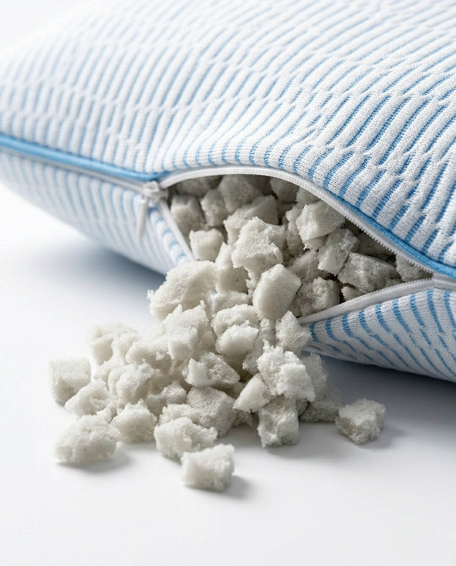 Macro of shredded memory foam fill spilling from the unzipped pillow
