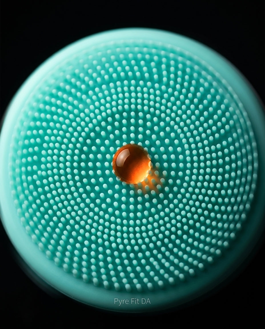 Macro of green silicone cleansing brush bristles with an amber serum droplet