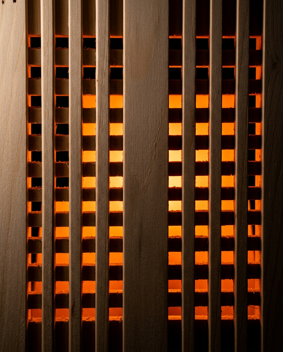 Macro of the slatted grid casting warm orange light through the cover