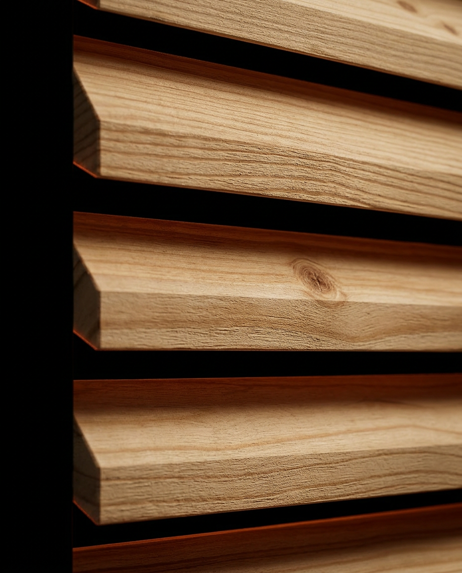 Macro of the angled pine slats and wood grain of the sauna ventilation grille