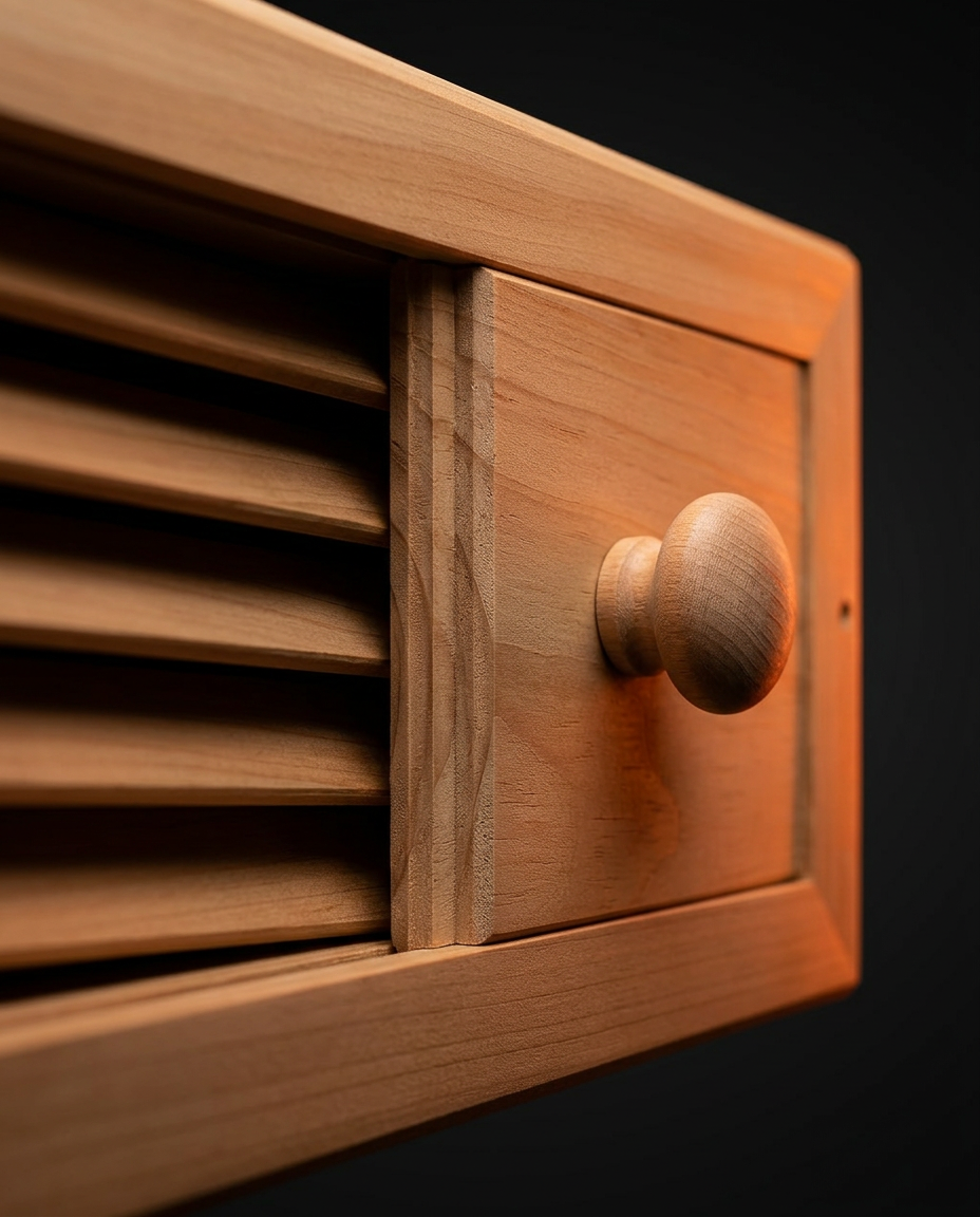 Macro of the round wooden slider knob on the sauna vent frame