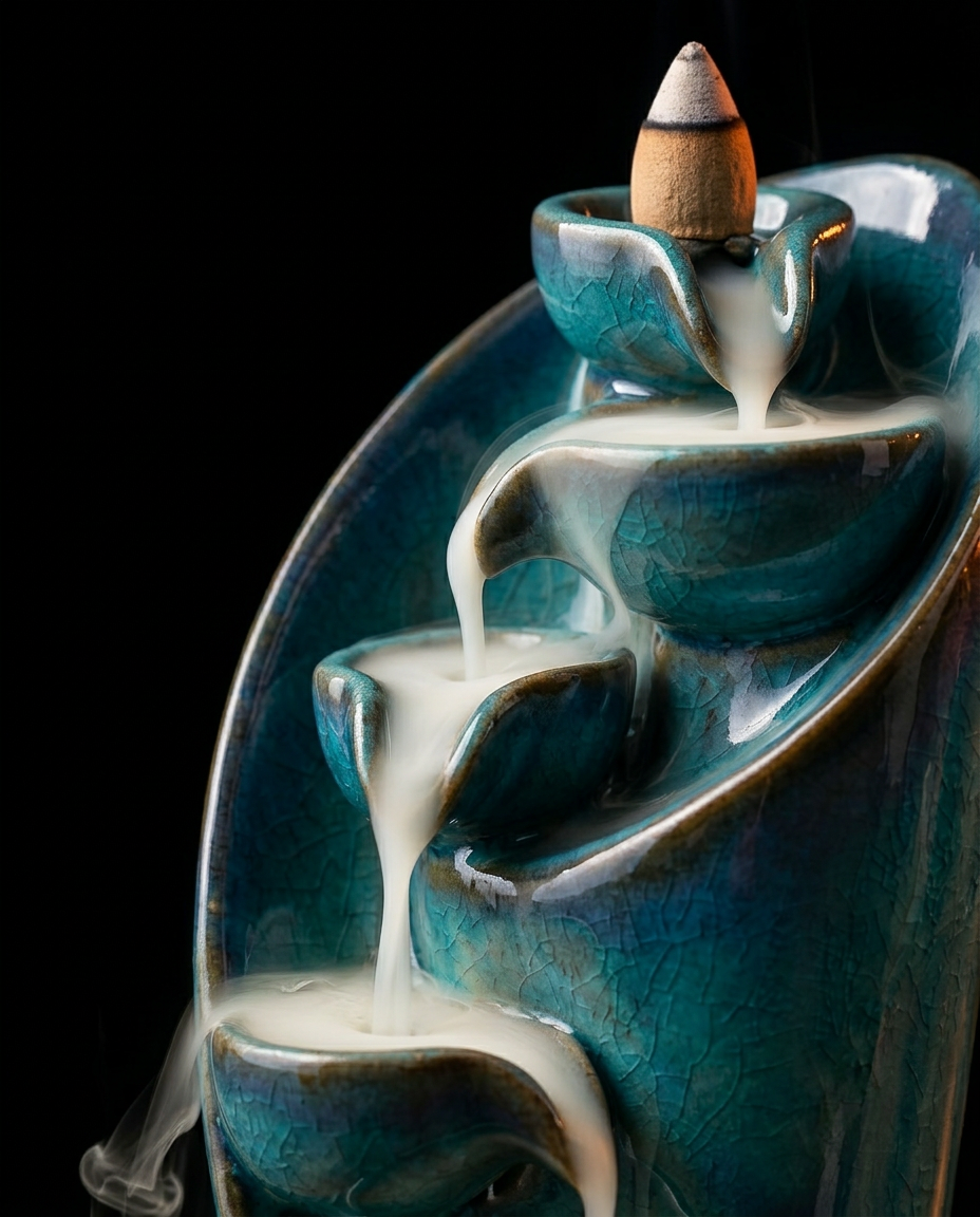 Macro of backflow smoke cascading down the tiers of the teal ceramic burner