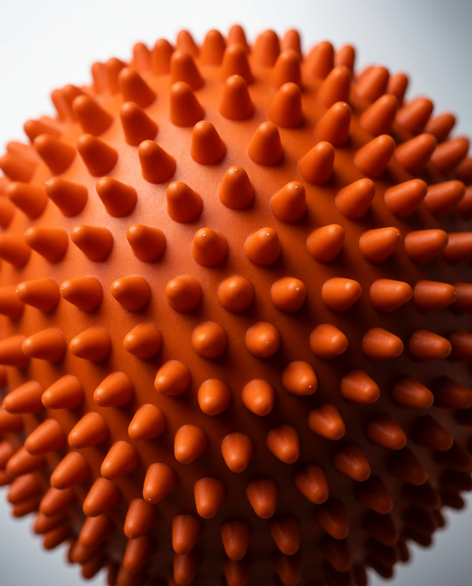 Top-down macro of the dense orange spikes covering the massage ball