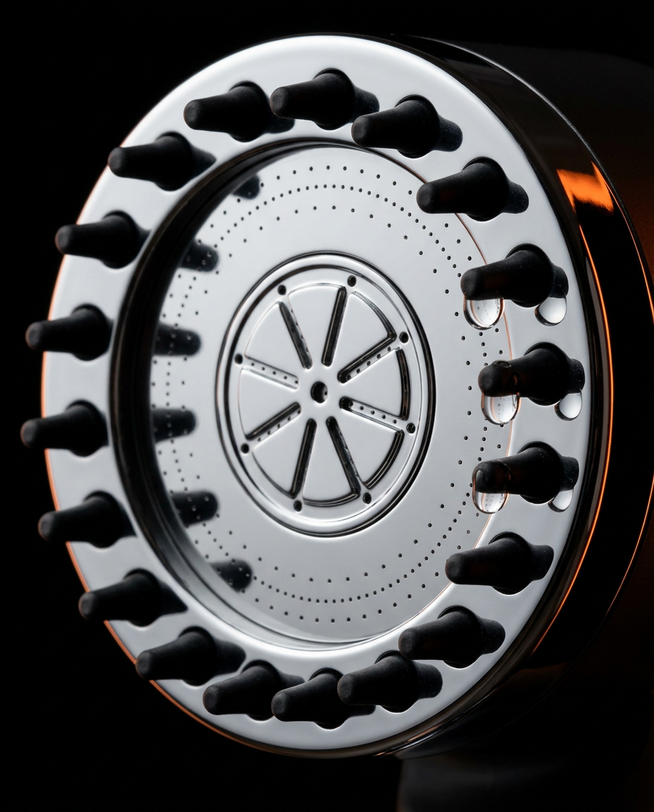 Macro of the shower head's spray face with silicone nozzle ring