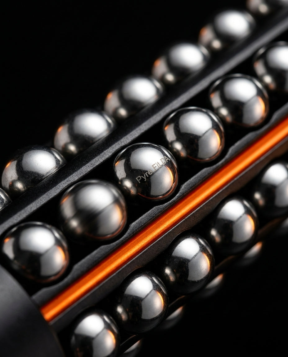 Macro of the polished stainless steel massage balls and orange rail