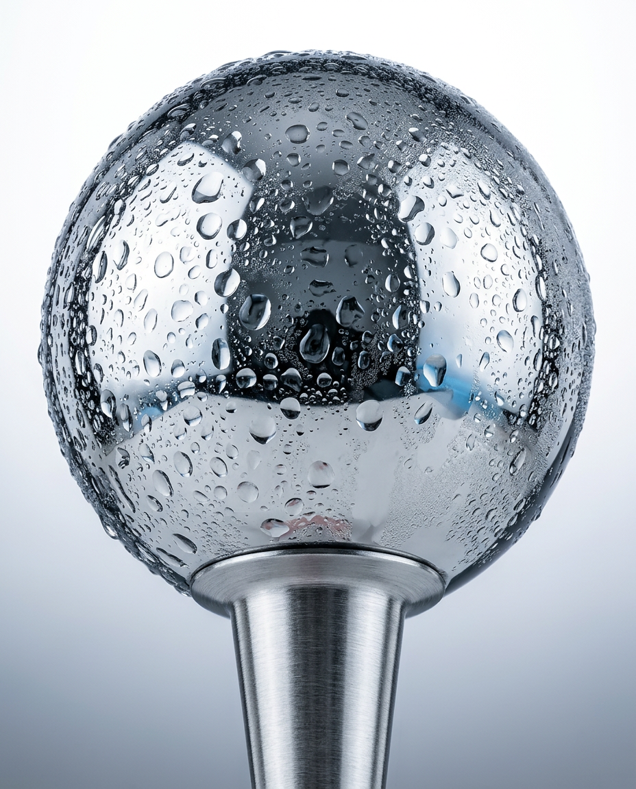 Macro of the polished steel roller ball beaded with chilled condensation