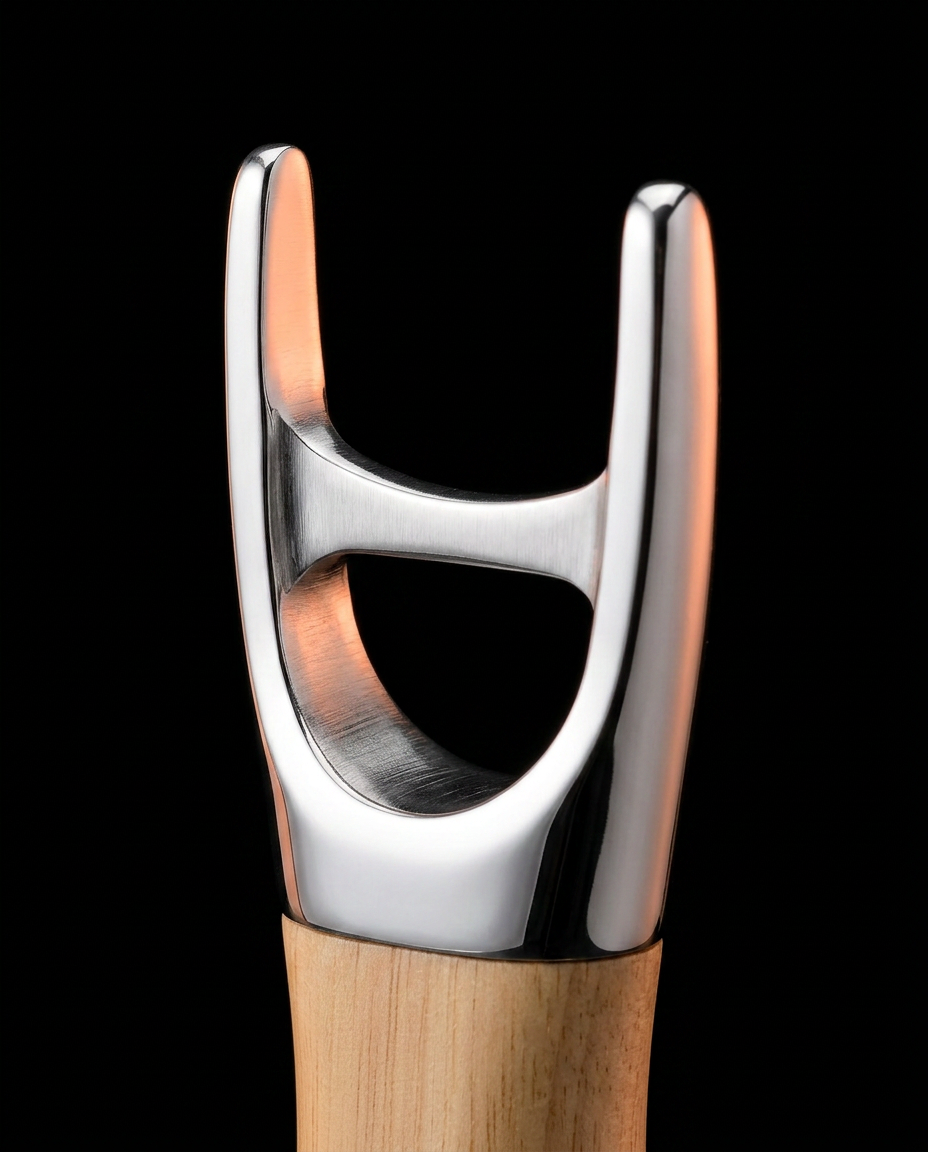 Macro of the polished stainless steel Y-fork head of the muscle scraper