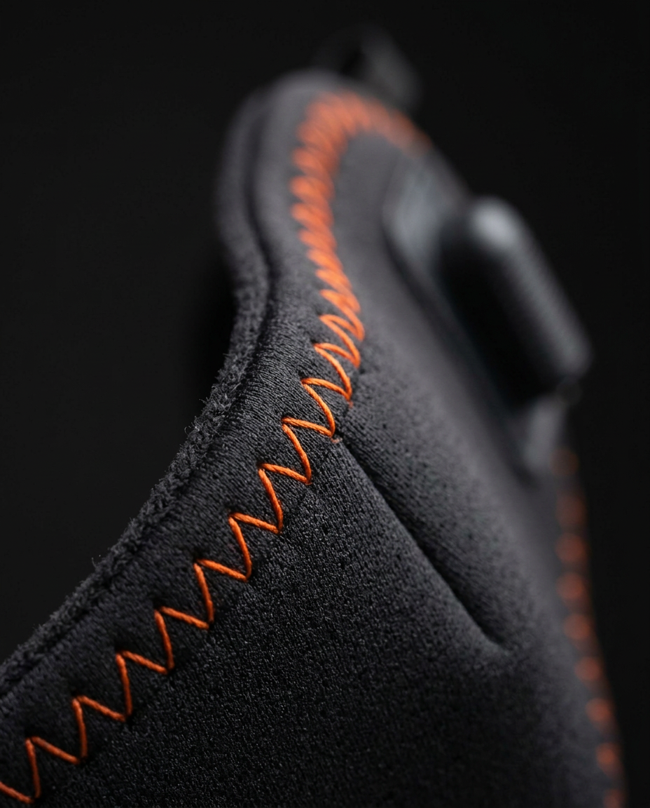 Macro of the orange zigzag stitching on the black neoprene comfort mask edge