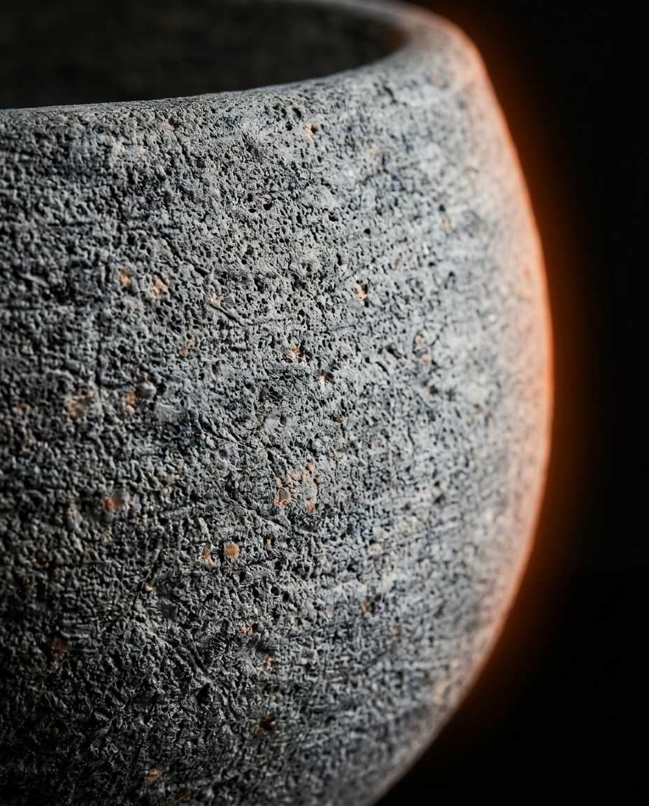 Macro close-up of the raw textured surface of the natural stone bowl