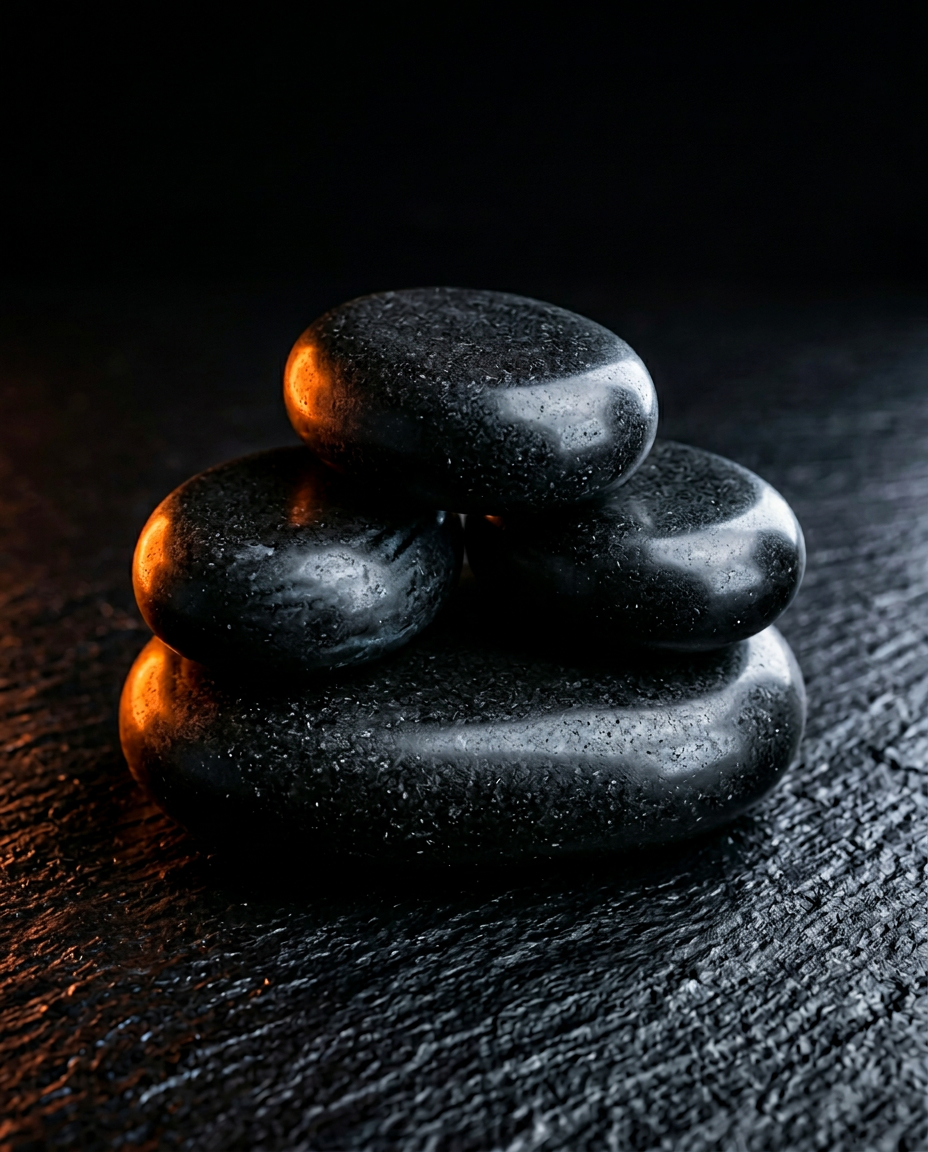 Macro of three smooth black basalt massage stones with water droplets