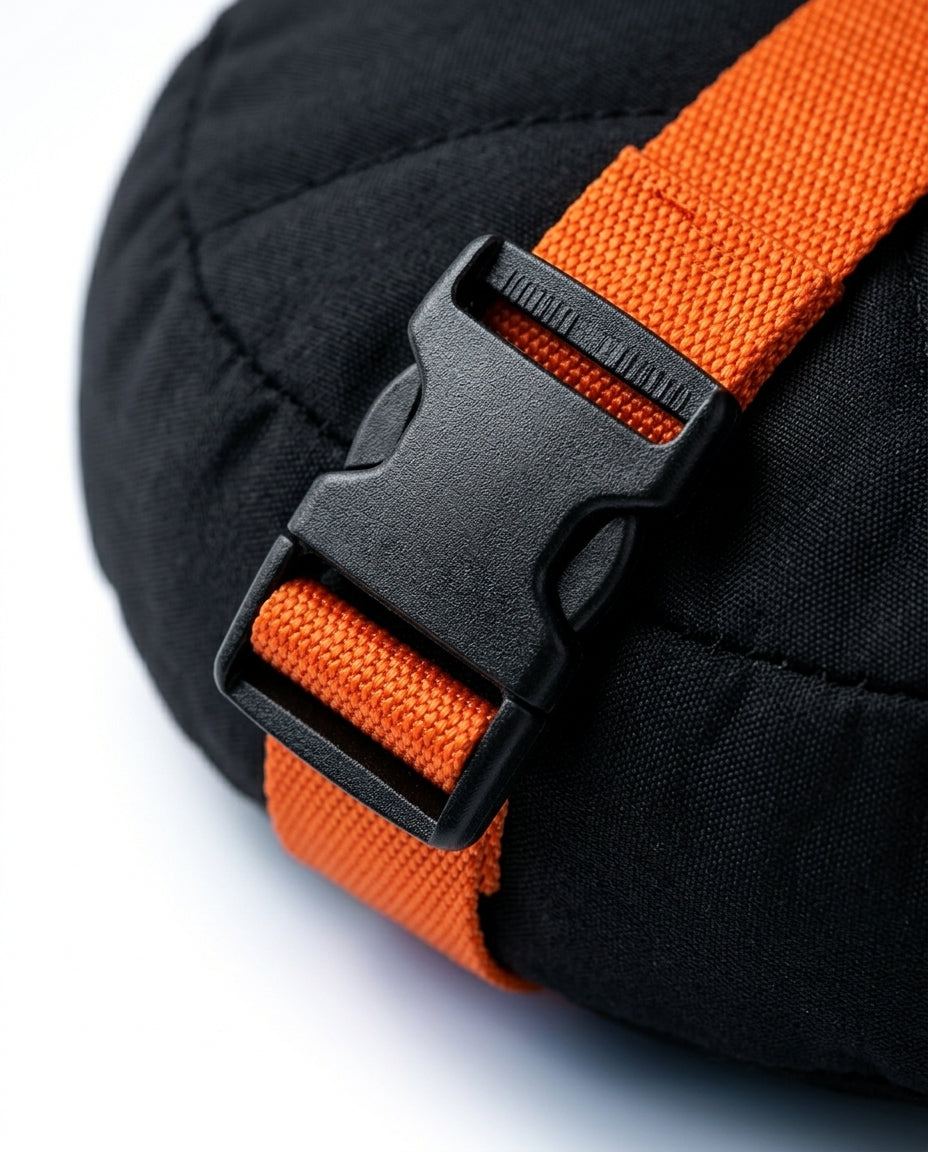 Macro of the orange strap and black quick-release buckle on the ankle cushion