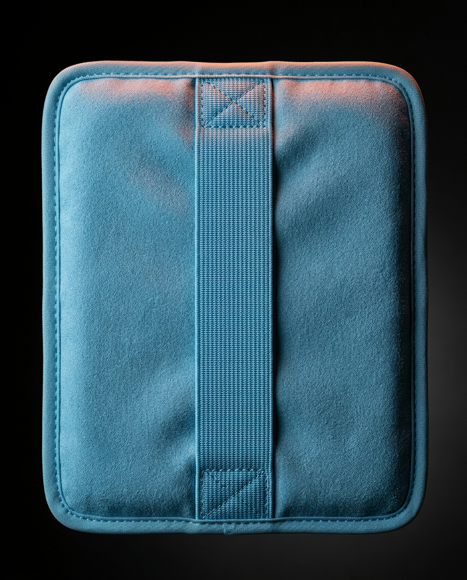 Close-up of the blue fabric sleeve and elastic securing strap